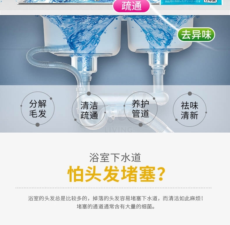 【日本】 Kokubo 小久保 毛发分解 管道疏通剂 下水道排水管防堵塞清洁剂  一包2袋 (2回份)/ Clog Remover 2 Power Packs 40g -  - 6@ - Sweet Living