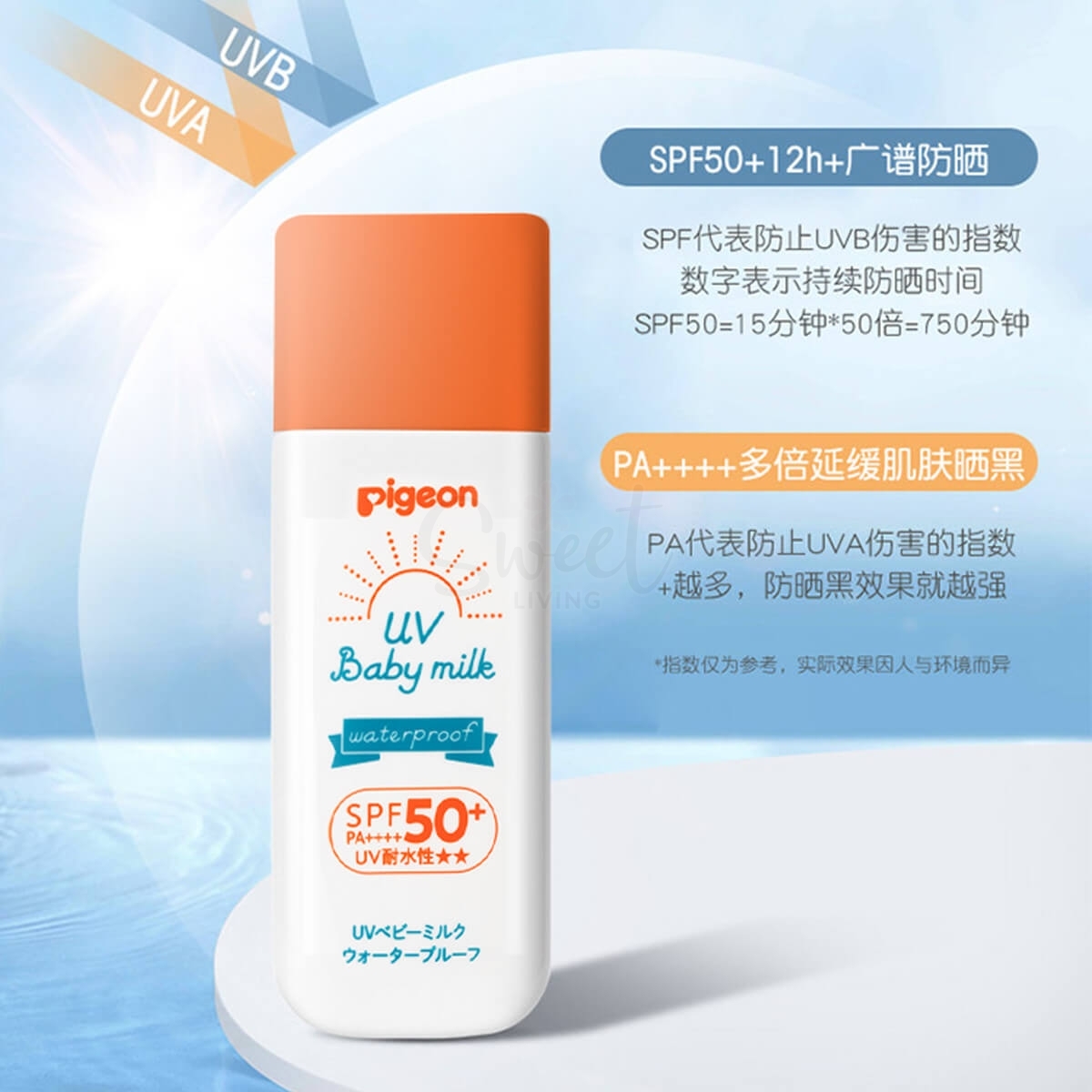 【日本】Pigeon 贝亲 儿童/婴儿防晒霜 物理防晒水润安全 新版 SPF50+ 18g/ Kids Sunblock -  - 3@ - Sweet Living
