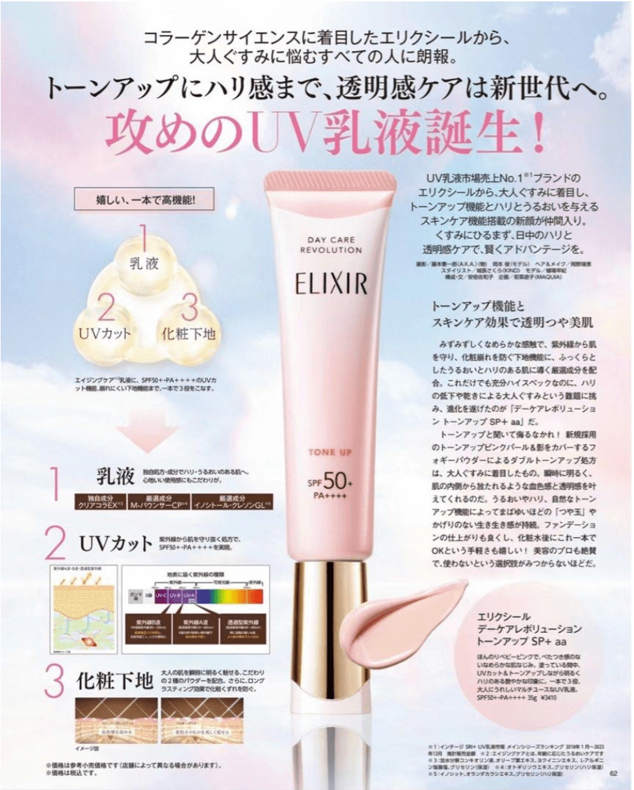 【日本】 Elixir 资生堂 怡丽丝尔 调色提亮乳液防晒隔离三合一 胶原亮妍防晒美肌乳 / Shiseido Elixir Day Care Multifunctional Tone Up Emulsion Baby Pink SPF50+ (35g) - @ - 6 - Sweet Living