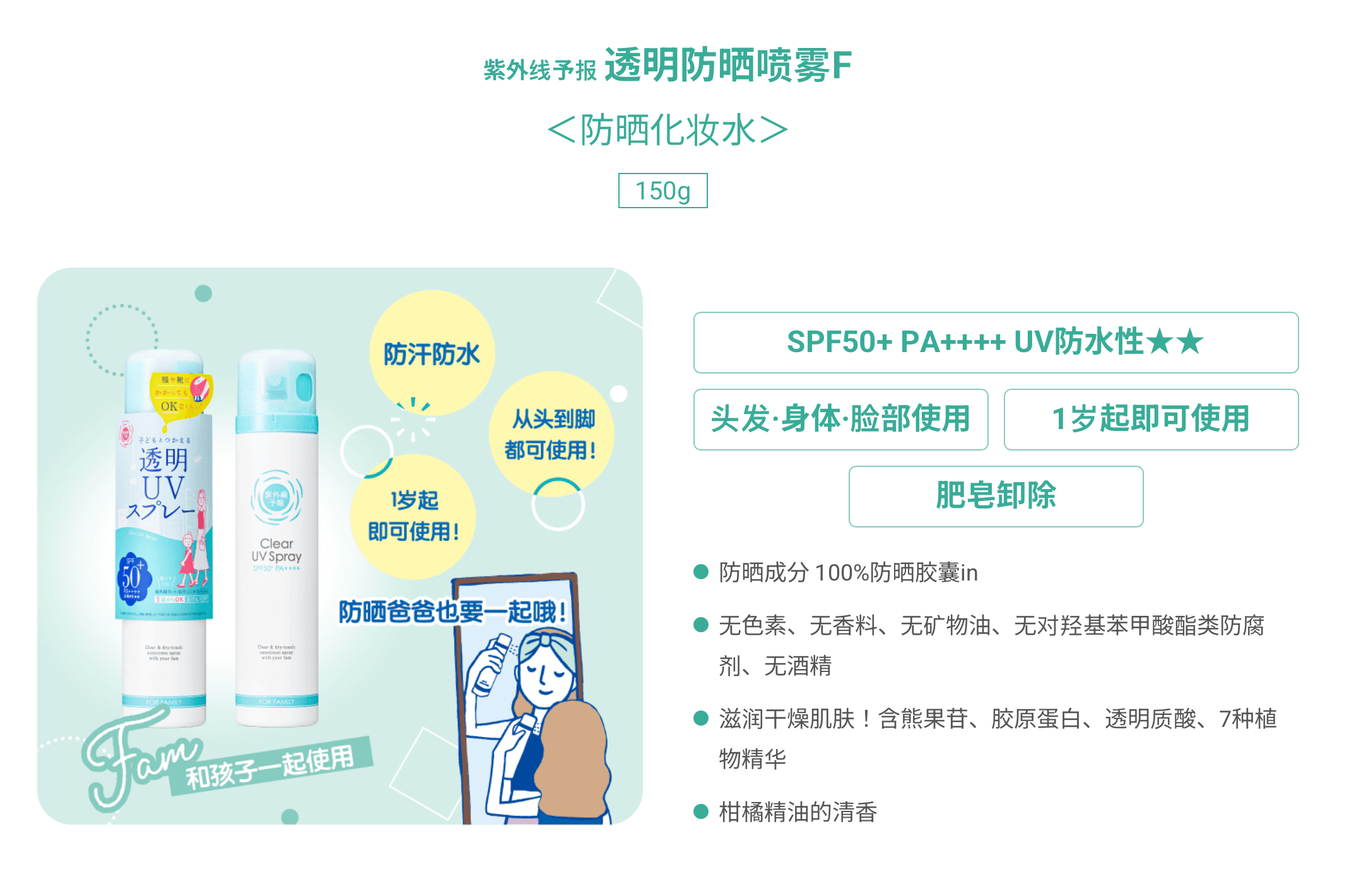 【日本】石泽研究所 透明UV防晒喷雾 植物萃取 温和 儿童家庭可用 面部/身体 SPF50+PA+++  /  SHIZAWA LAB Sunblock Spray (150g) -  - 5@ - Sweet Living